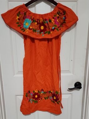 Orange Embroidered Off-Shoulder Dress
